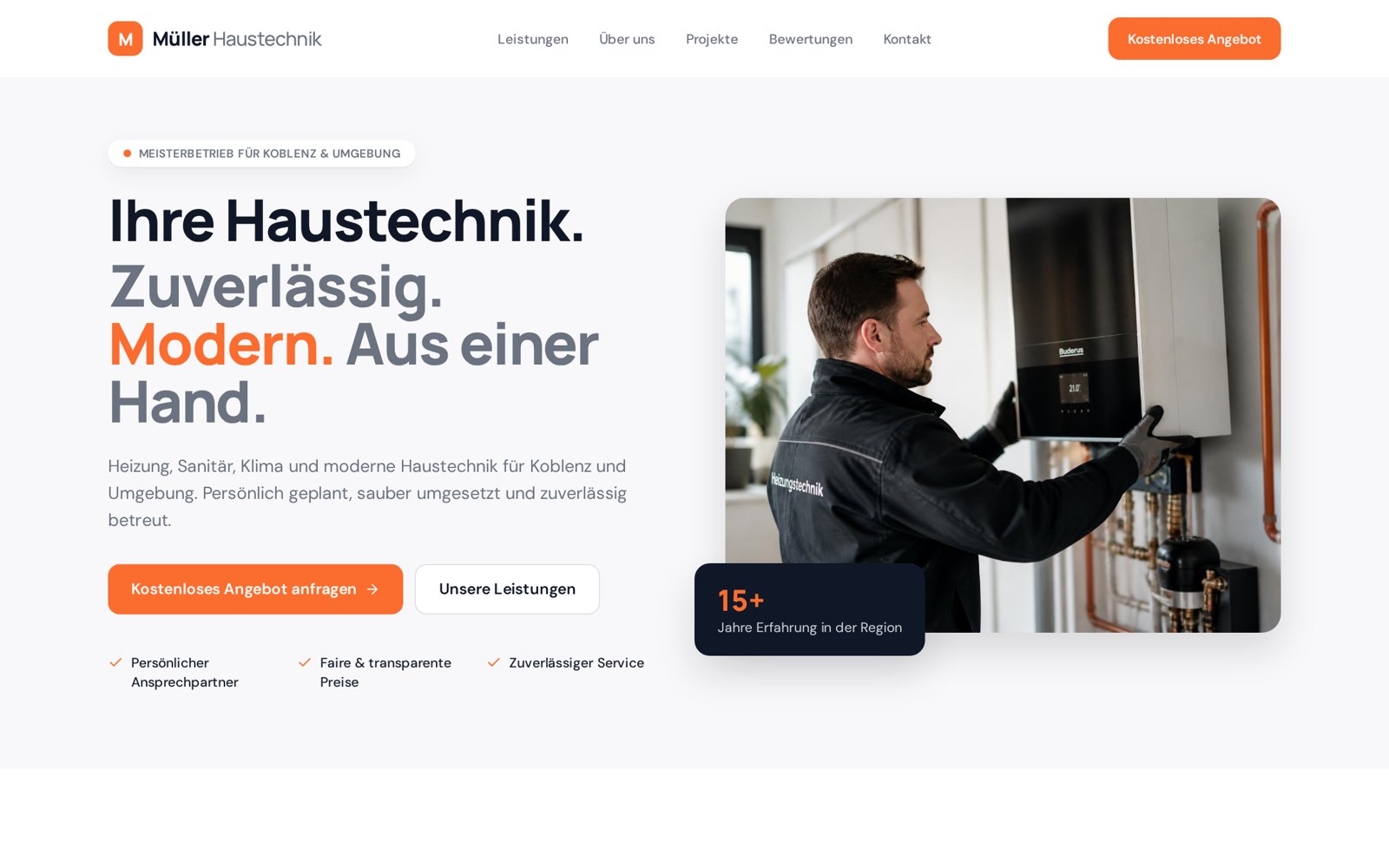 Startseite des Konzeptprojekts Müller Haustechnik mit blauem Layout und Heizungsanlage