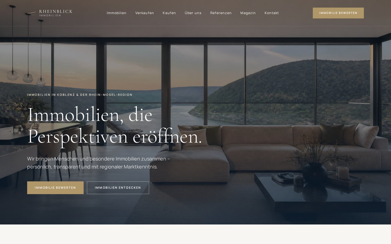 Startseite des Konzeptprojekts Rheinblick Immobilien mit Villa am Rhein